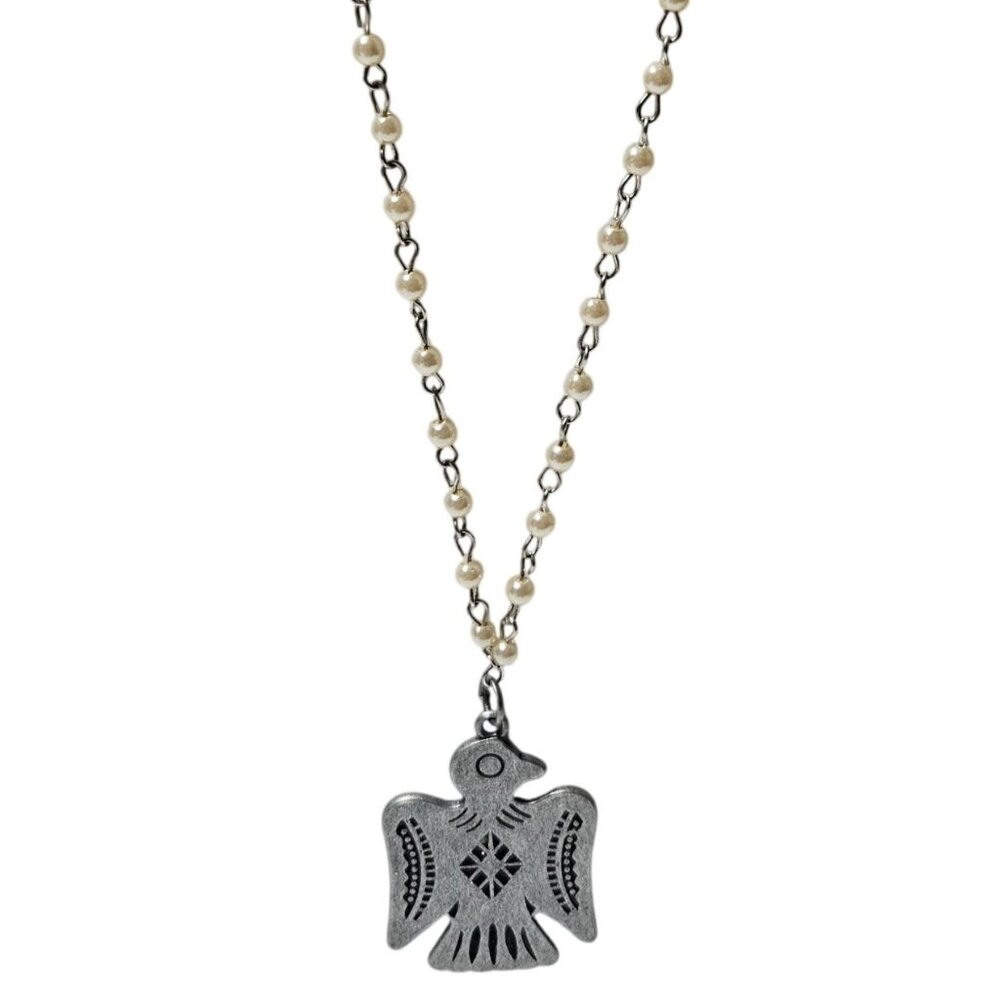 Vintage Silver Thunderbird Pendant Necklace Faux Pearl Beaded Chain Jewelry